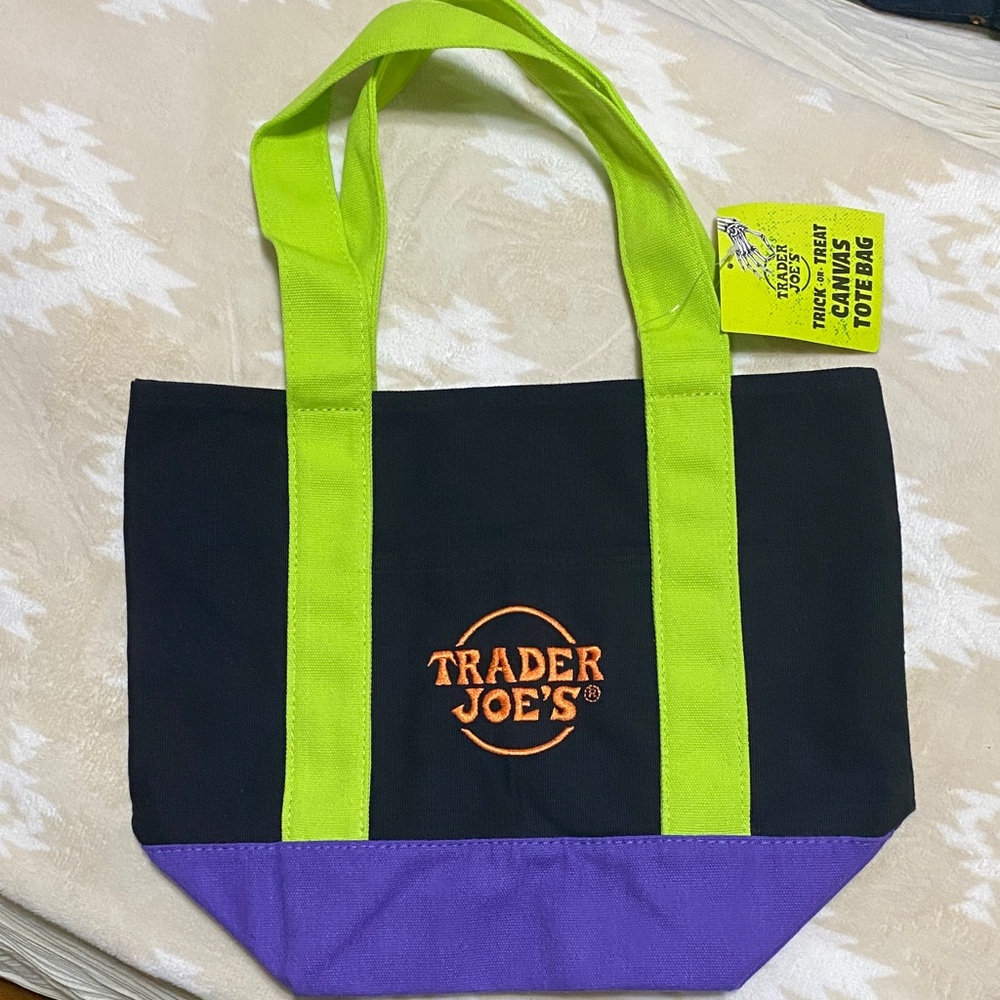 Trader Joe's Black and Purple Tote Bag with Green Handles